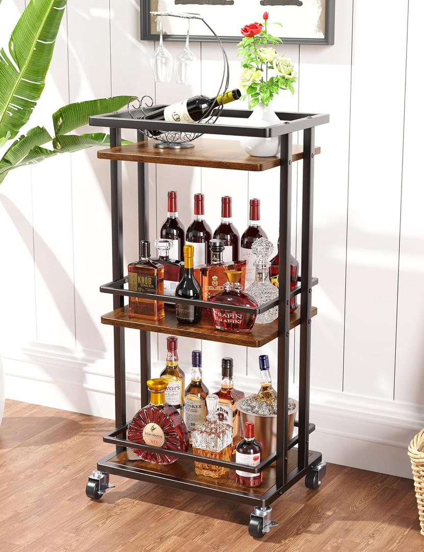 3 Tier Bar Cart for Home, Rolling Mini Liquor Bar for Wine Beverage Dinner Party, Utility Kitchen Storage Island Serving Cart on Wheels, Coffee Bar Cabinet for Kitchen Dining Living Room, Brown (3-Tier, Rustic Brown)