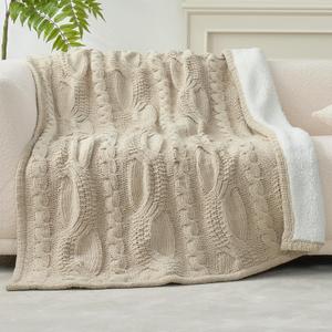 Amlie Home Cable Knit Throw Blanket for Couch, Chenille Sherpa Soft Cozy Throw Blankets for Sofa Chair Comfortable Home, 50"x60", Beige