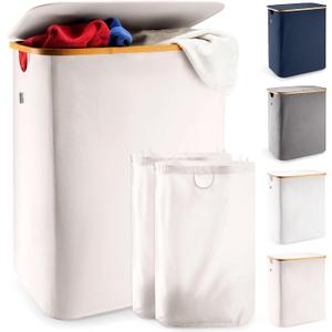 LONBET Laundry Basket with Lid, Made from Breathable Fabric | Aesthetic Clothes Hampers for Laundry with Side Handles & Sturdy Bamboo Frame (40 Gallons - Double, Beige)