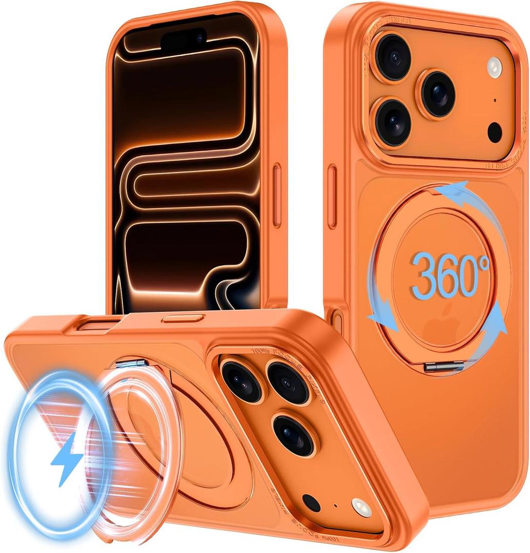 Strong Magnetic for iPhone 17 Pro Max Case with Stand,Fit for MagSafe,360Rotatable Ring Designed,Translucent Matte Texture Protective Military Grade Shockproof,All Orange