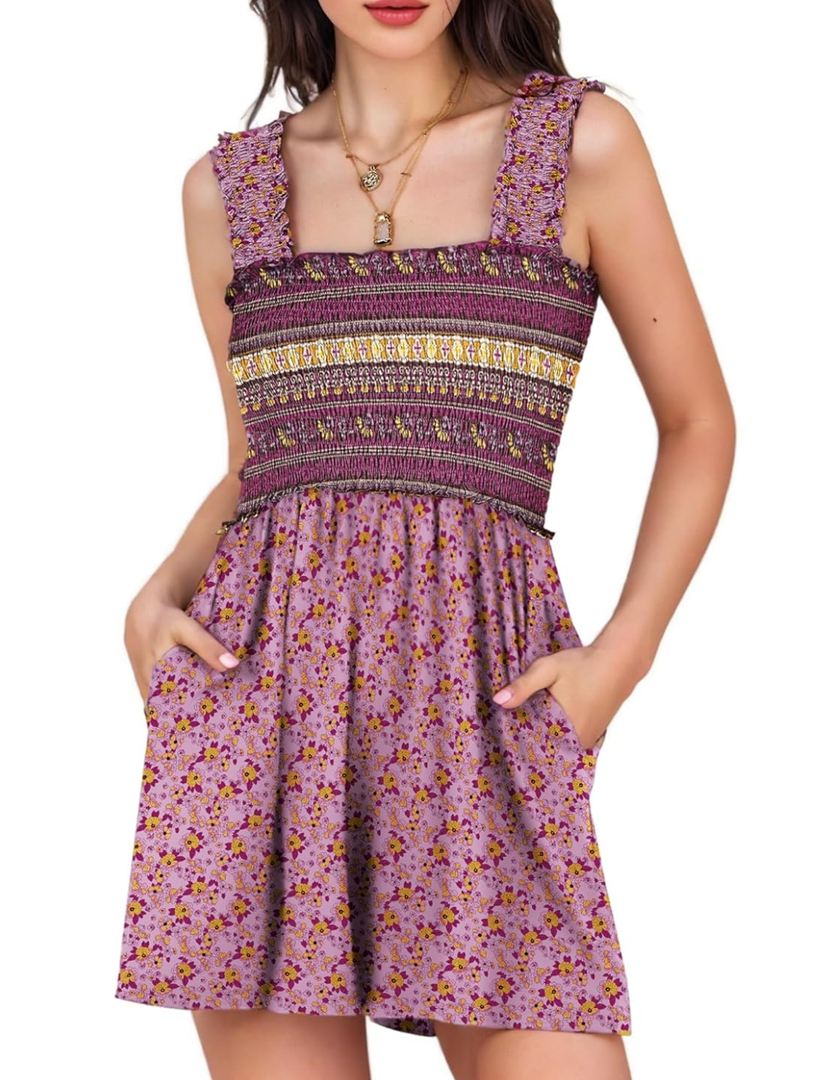 Rompers for Women 2025 Summer Casual Smocked Sleeveless Printed Dressy Romper Shorts Jumpsuit Beach Vacation Outfits (Small)