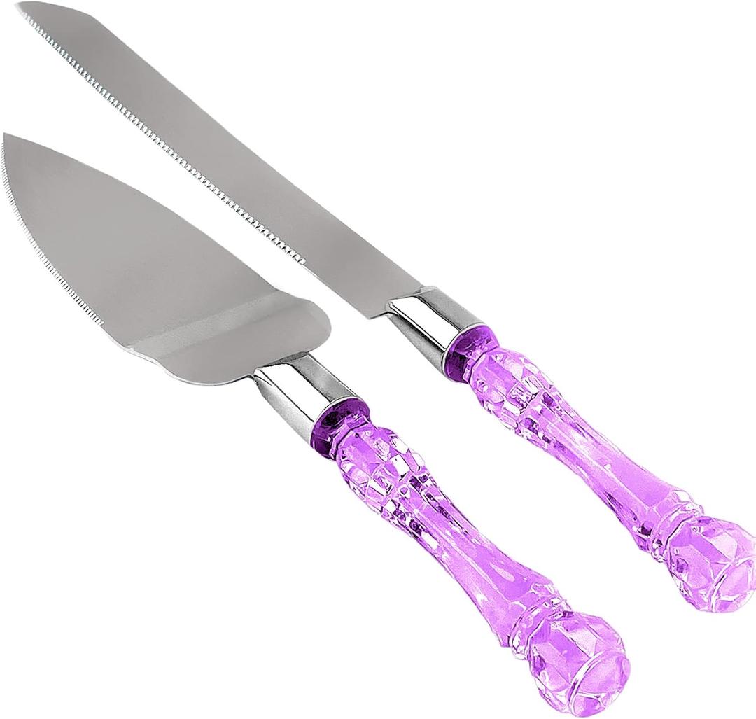 Cake Knife and Server Set, Cake Cutter and Pie Spatula, Cake Server and Knife Set with Acrylic Faux Crystal Handles, Cake Cutting Set for Wedding Cake, Birthdays, and Parties (Purple Silver)