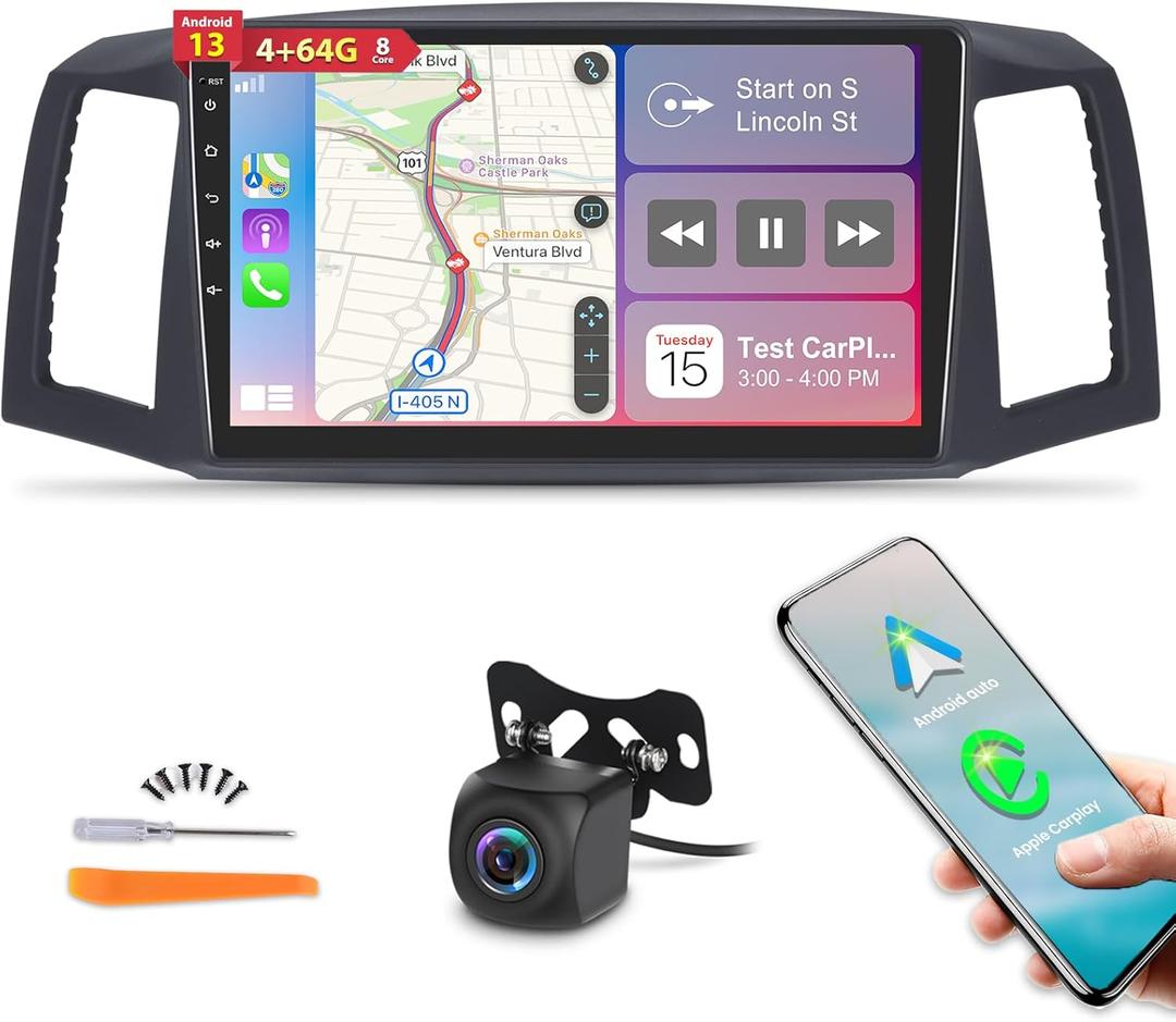 8 Core [4G+64G] Car Radio for Jeep Grand Cherokee 2004 2005 2006 2007 - Android Touch Screen Stereo, DSP 32 EQ/IPS/Carplay/Android Auto/SWC/BT/WiFi + AHD Backup Camera