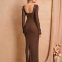HTZMO Women Fall Long Sleeve Bodycon Maxi Dress Sexy V Neck Wedding Guest Formal Party Elegant Long Dresses (Brown, S)