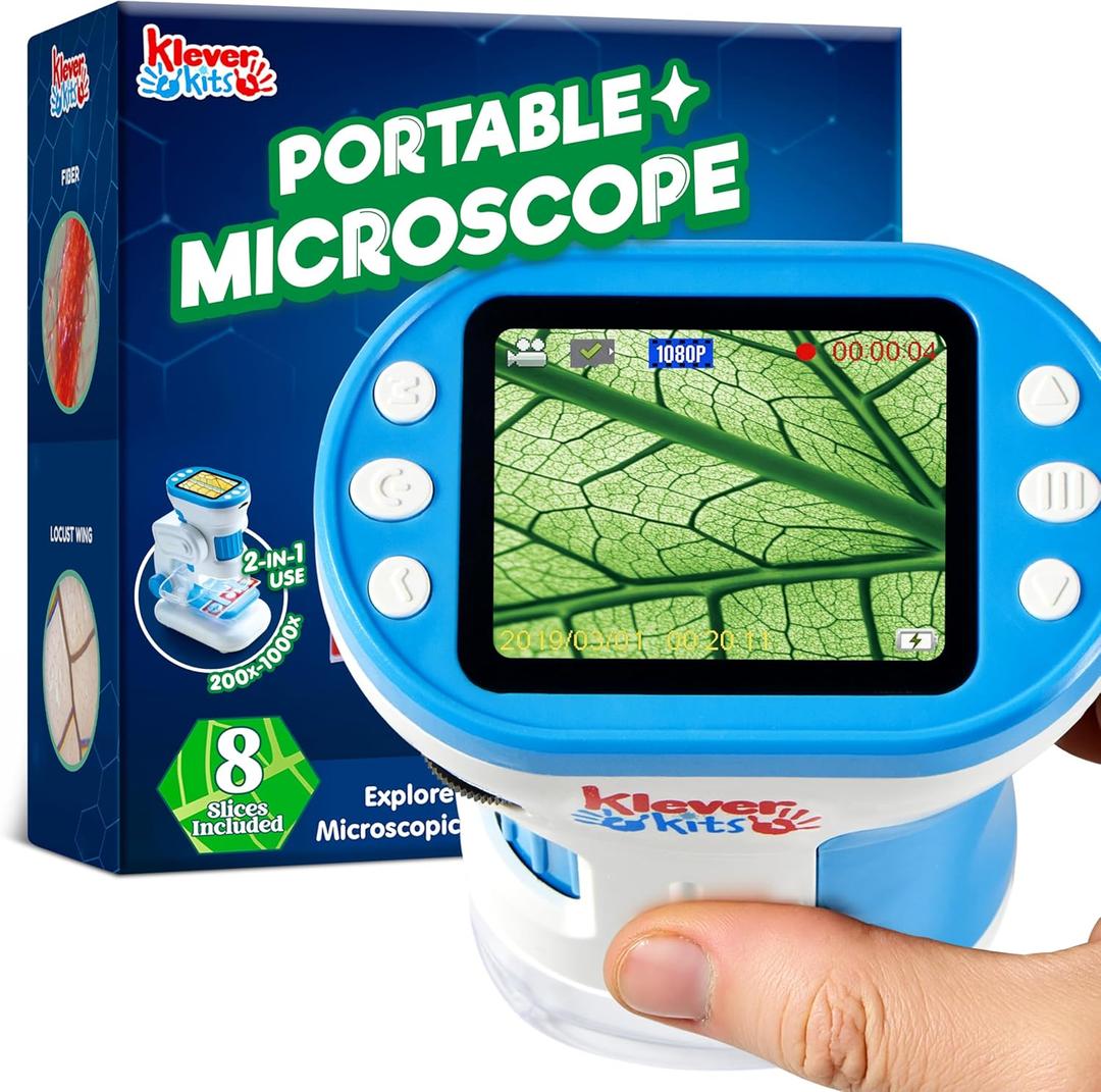 Klever Kits 2 in 1 Handheld Microscope for Kids, 1000X HD Digital Kids Microscope with 2.0'' LED Screen, Portable Pocket Handheld with Slides, 32G Card, Edu Gifts Toys for Ages 5-12 by Jova