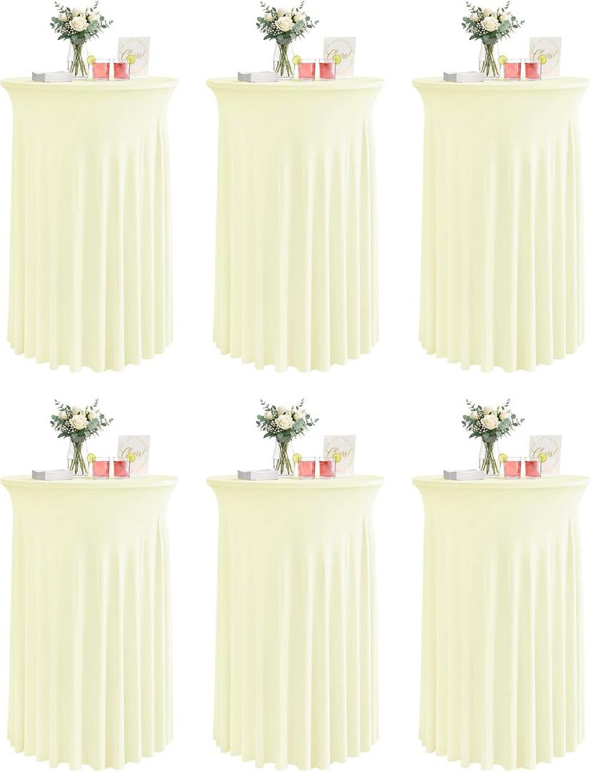 KeyWave Cocktail Table Tablecloth with Skirts - 32x43 Inch Wavy Spandex High Top Cocktail Table Covers, Ruffle Drape Highboy Tablecloth Reusable for Party Wedding Cake Standing Table, Ivory, 6 Pack