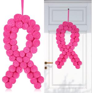 2 Pcs Pink 13 Inches Breast Cancer Awareness Ribbons Sign Decor Felt Pom Pom Ribbons Wreath Felt Ball Wreath for Front Door Indoor Outdoor Walls and Windows Survivor Support Party Supply