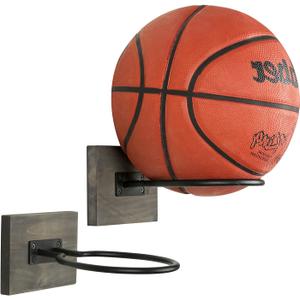 MyGift Wood & Metal Wall-Mounted Sports Ball Holder Storage, Set of 2
