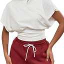 GORGLITTER Women's Dolman Short Sleeve Crop Tops Ruched Crew Neck Casual Going Out Tops White Size Large