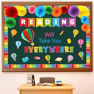 Funrous Reading Travel Bulletin Board Decorations Set Colorful 3D Hot Air Balloon Honeycomb Paper Fan Classroom Decor Vibrant Craft Cutouts for Back to School Classroom Library Chalkboard Door Wall
