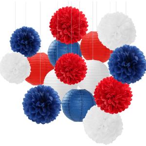 Fourth-4th Of July Imemorial-Day Party-Decorations - 15pcs Red White Blue Paper-Flowers Lanterns,Patriotic Graduation Tissue Pom Poms Streamers,Independence Veterans Hanging Supplies Decor Hugfond