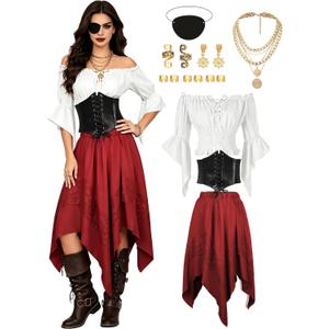 Pirate Costume Women Renaissance Medieval Outfit Skirt Top Pirate Accessories Halloween Cosplay Party Outfit, Medium, Red