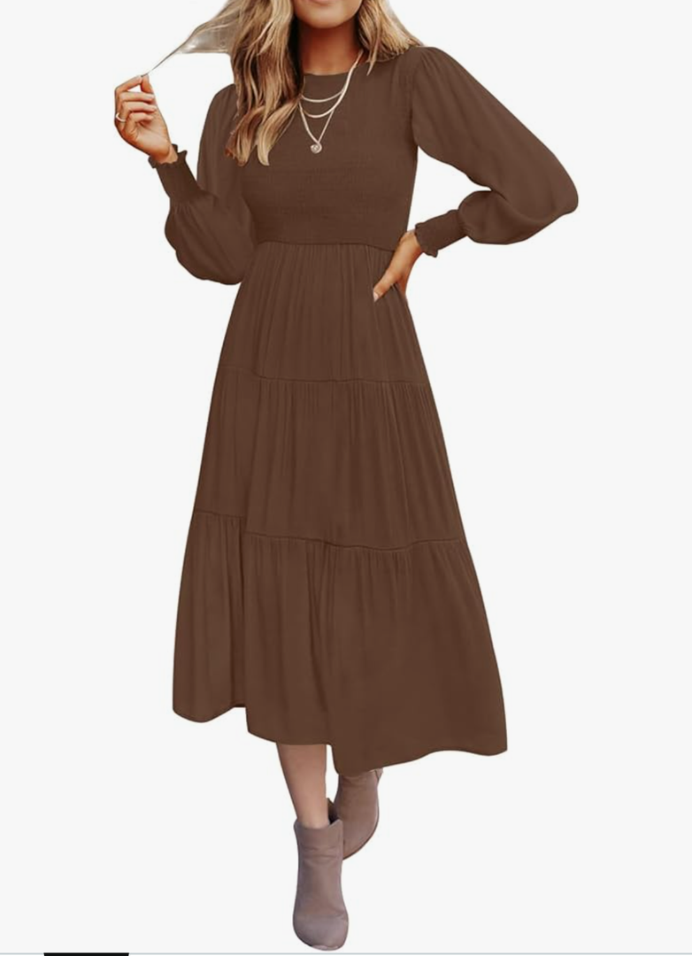 ZESICA Women's Casual Long Sleeve Crew Neck High Waist Smocked Flowy Tiered Midi Dress Size Medium