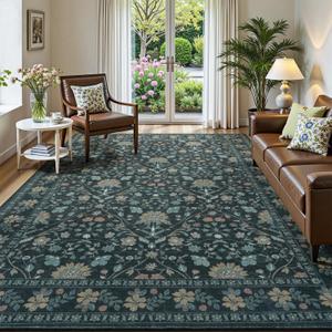 8x10 Area Rugs for Living Room, Floral Vintage Washable Rugs, Soft Boho Non-Slip Low Pile Carpets, Large Area Rug for Dining Room Bedroom Farmhouse Home Indoor Nursery, Dark Blue