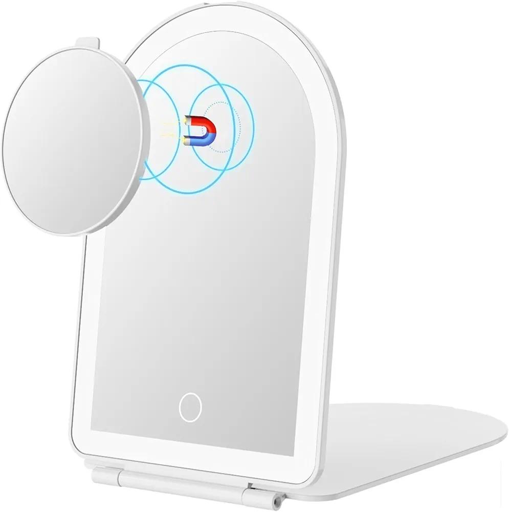 FUNTOUCH Rechargeable Travel Makeup Mirror with Lights,Portable Lighted Compact Mirror with Small 10X Magnification,3 Color Lighting, Dimmable Touch Screen, Tabletop LED Folding Cosmetic Vanity Mirror
