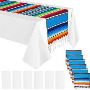 Mixweer 12 Pcs Mexican Table Runner and Tablecloth Set, Cotton Rainbow Serape Table Runner, Plastic Disposable Tablecloth Rectangle Cover for Cinco De Mayo Fiesta (White)