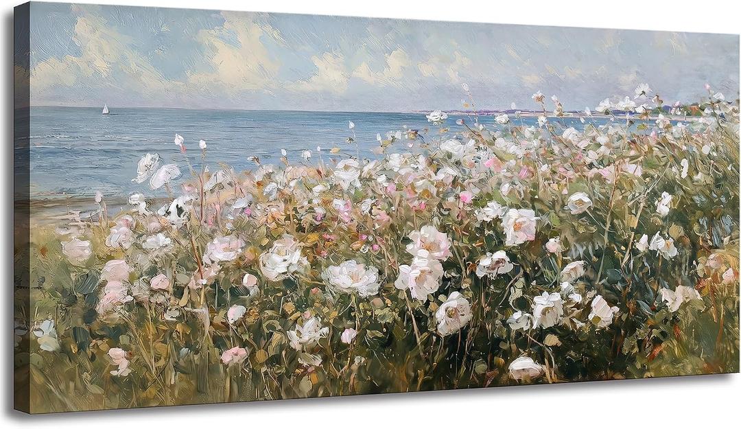 Beach Flowers Large Canvas Wall Art, 3d Textured Landscape Wildflowers Painting, Coastal Floral Artwork, Meadow with Flowers Picture Print for Bedroom Living Room Office Farmhouse Decor, 20"x40"