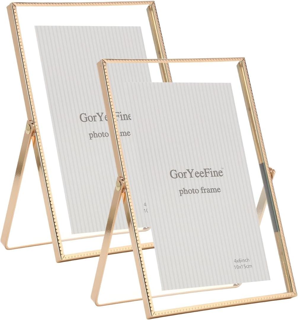 Gold 4x 6'' Floating Frame Set of 2, For Photo Sizes (2x3'', 3.5x 5'' up to 4x6'' ), Beautiful Metal Lace Edge Frames Adjustable Tabletop/Shelf Photo Frame, Classy Gift Choice for Wedding,
