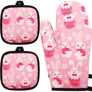 4 PCS Easter Oven Mitts and Potholders Set, Pink Easter Bunny Eggs Oven Mitt Pot Holder Rabbit Potholder Heat Resistant Non-Slip Cooking Gloves for Holiday Baking Party Favor Decor
