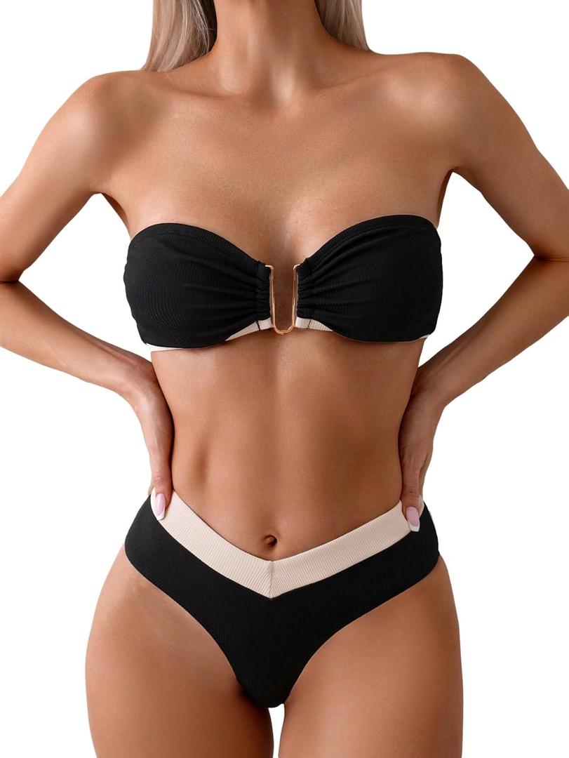 Women's 2 Piece Colorblock Ring Tie Back Criss Cross Tube Bandeau Bikini Triangle Set High Cut Swimsuit Bathing Suit Black Medium, M