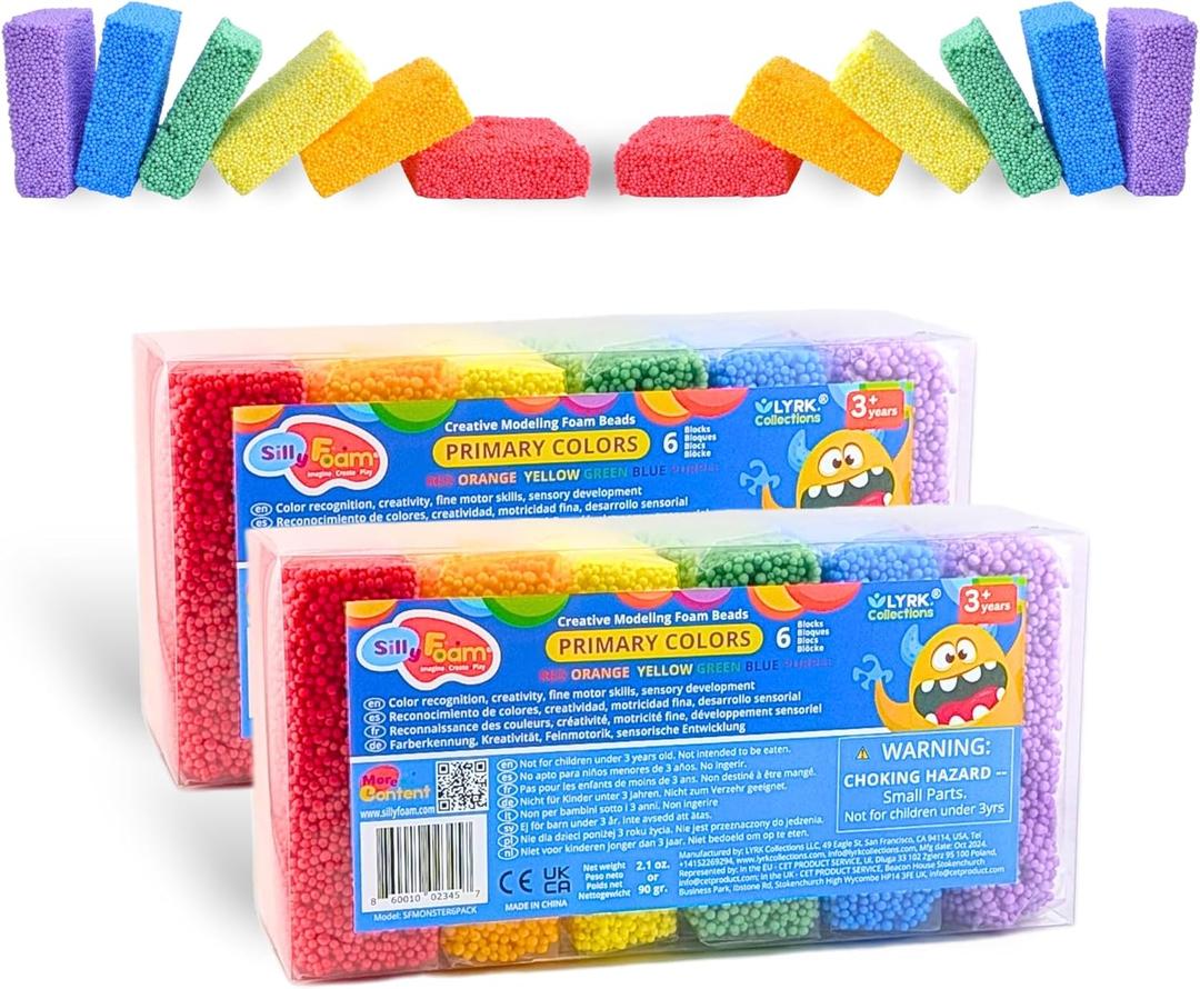 Silly Foam, Creative Modeling Foam Beads, 2-Pack of 6 Primary Colors, Easy Clean Up, Perfect for Preschool and Kids, Arts & Crafts, Sensory Play, STEM, Travel Toy, Holiday Gifts, Non-Toxic (Age 3+)