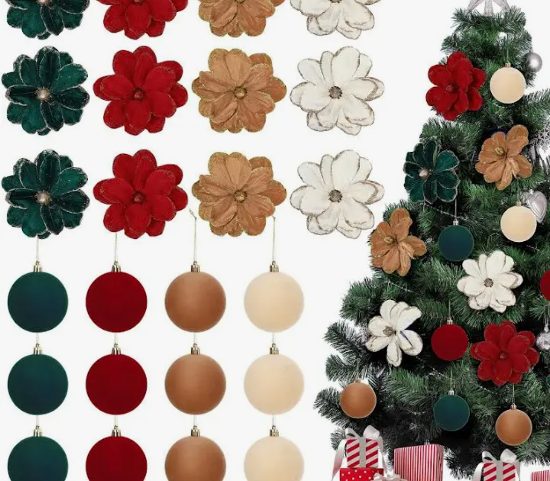 24 Pcs Velvet Christmas Ornaments Include 12 6.7'' Magnolia Poinsettia Flower with Stem 12 3.1'' Shatterproof Velvet Balls for Xmas Tree Wedding Party Decorations(Brown Beige Green Burgundy)
