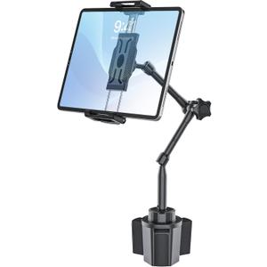 Car Tablet Holder for Cup Holder, Metal Long Arm 360 Rotation Tablet Mount for Truck Golf Treadmill, Fit Thickness Case (Deep Max 1.18'') for iPad Pro/Air/Mini, Galaxy Tab & 6.1-15.6" Devices