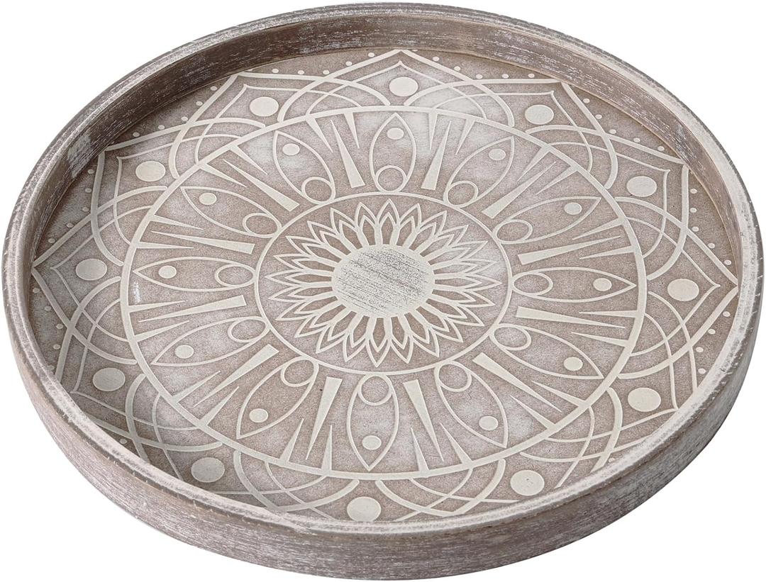 12" Boho Decorative Tray for Home Decor, Round Wood Coffee Table Tray Decor, Rustic Washed Ottoman Tray for Living Room, Small Wooden Carved Circle Serving Tray Centerpiece Dcor