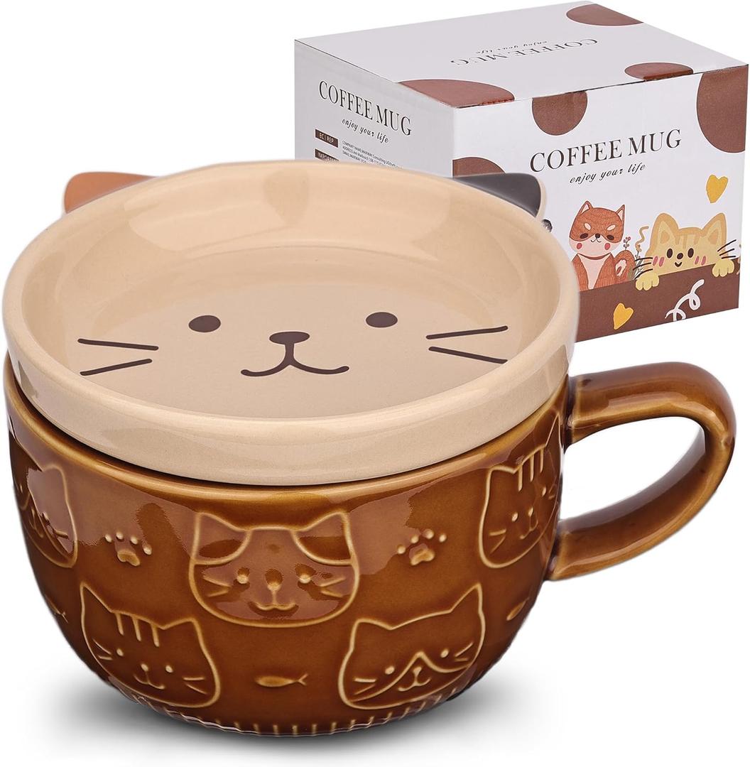 Cute Ceramic Cat Coffee Mug with Lid, Kawaii Coffee Mugs or Tea Cups for Cat Lovers, Funny Novelty Cat Breakfast Mugs for Women Wife Mum Girls Boys Friends Kids Christmas Birthday Gift, 300ML (Brown）