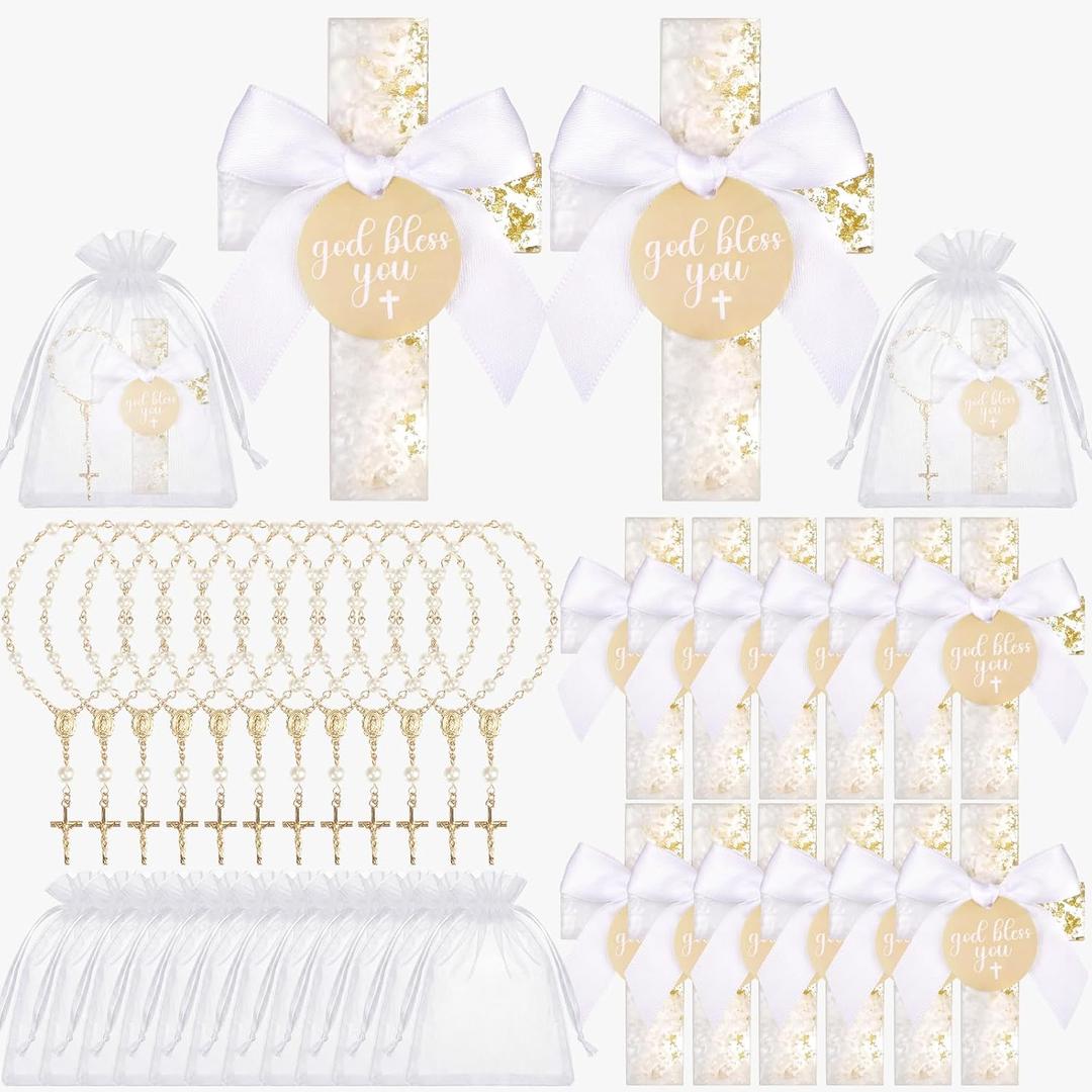 Liliaafar 36 Pcs Baptism Favors Set, 12 Resin Cross Fridge Magnets with Bow Tied Cards, 12 Acrylic Baptism Rosary Beads with Bags for Baby Shower Guests First Communion Gifts Kitchen Decor(Gold)