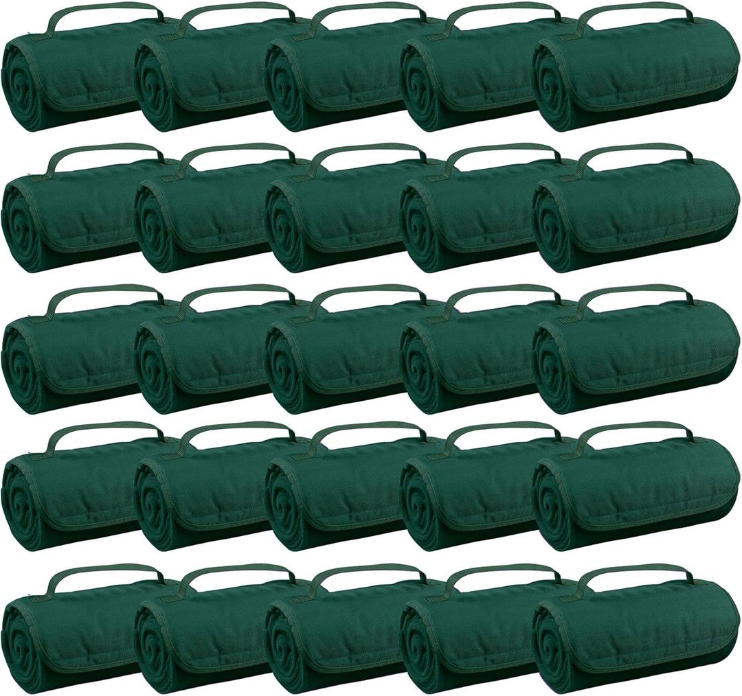 25 Ct of Roll-Up Blankets for Camping, Travel, Outdoors, Beach, Picnics Hunter Green Hook + Loop Closure for Easy Use in Cars & on Airplanes Customizable for Promotions & Events