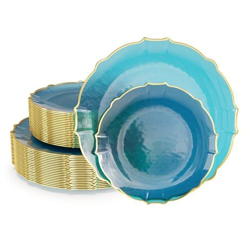 Exquisite Plastic Plates for Party 40 Piece Fancy Plastic Dinner Plates For 20 Guests 20 X 7.5 Dessert Plate & 20 X 10 Thin Delicate Disposable Dinnerware Charger Plate Peacock Gold Rim 2 Pack