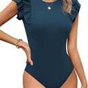 Missufe Women's Summer Ruffle Flutter Sleeve Ribbed Casual Bodysuit Tops.L