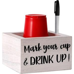 Single Cup Holder with Marker Slot Wooden Mark Your Cup and Drink Up Cup Holder Party Cup Organizer 2 Sides Designs Drink Dispensers for Parties Farmhouse Bar Party Decor Housewarming Hostess (Vintage Single Cup Holder)