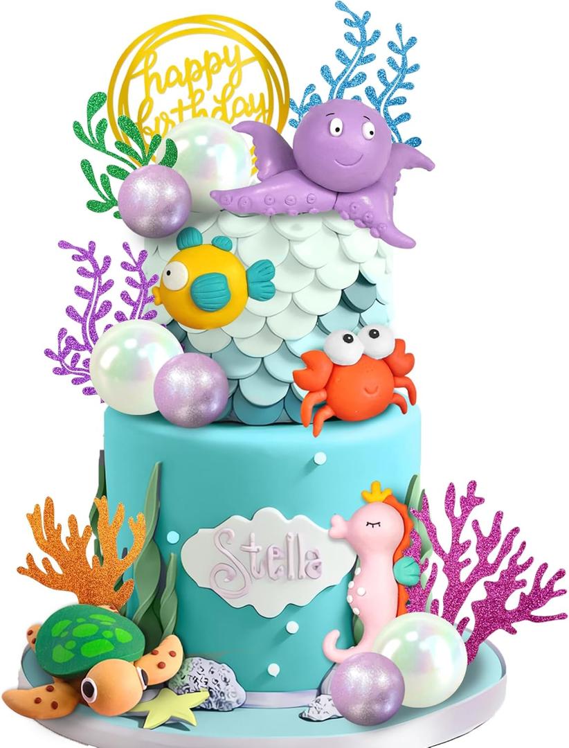 19 PCS Ocean Animal Cake Toppers Sea Animal Cake Toppers Under the Sea Cake Decorations for Sea Ocean Theme Baby Shower Birthday Party Decorations Supplies (Ocean 2)