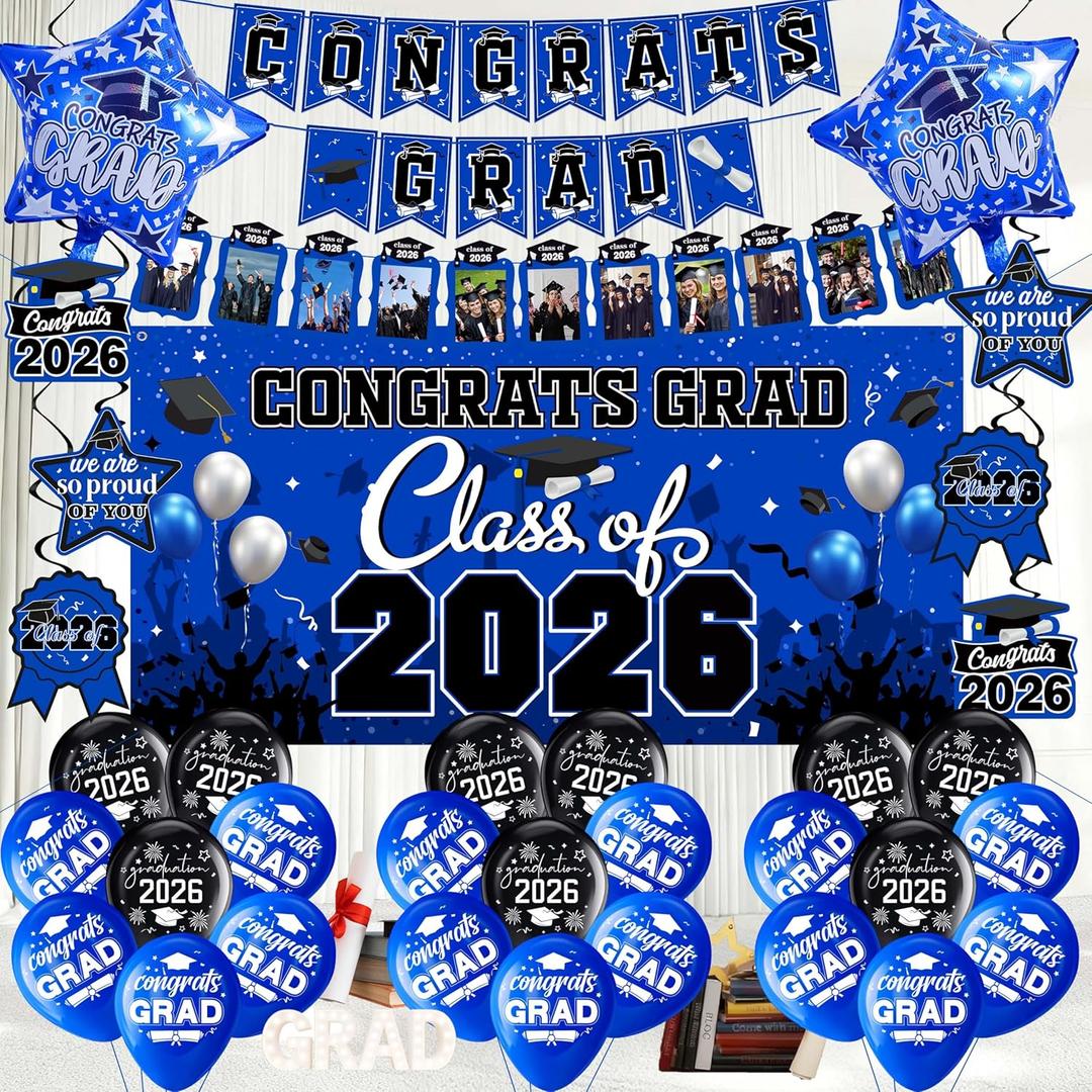 Graduation decorations class of 2026,graduation backdrop sign,Congrats grad banner,Hanging Swirls,Blue grad balloons for men women graduation party decorationsBlue