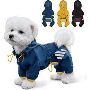 Dog Raincoat, Waterproof Dog Rain Jacket with Hood, Rain Coat with Leash Hole, Reflective Strap for Small Medium Dogs, Lightweight Puppy Clothes(Blue,L)