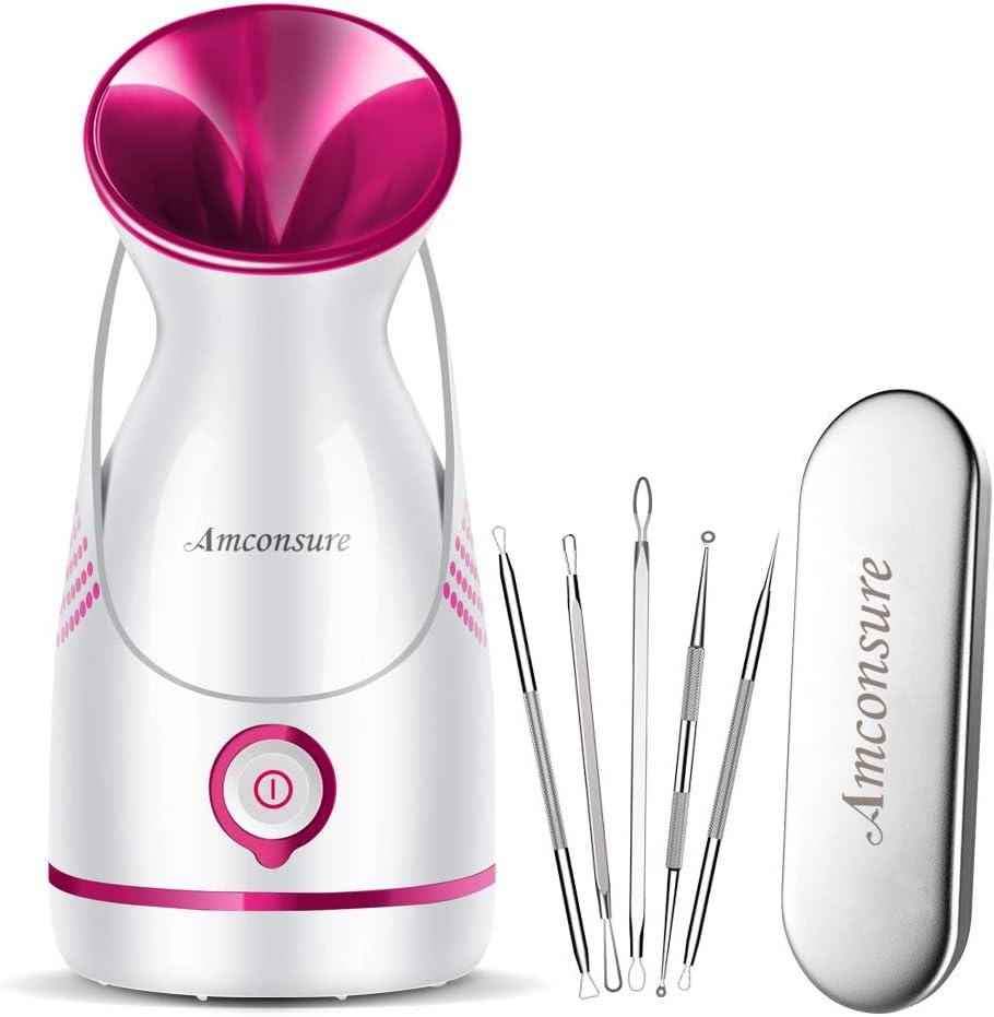 Amconsure Facial Steamer - Nano Ionic Face Steamer Warm Mist Steamer for Home Sauna SPA, Humidifier for Face Steamer for Deep Cleaning Unclogs Pores Sinuses - Bonus 5 Piece Stainless Steel Skin Kit (A-rose Red)