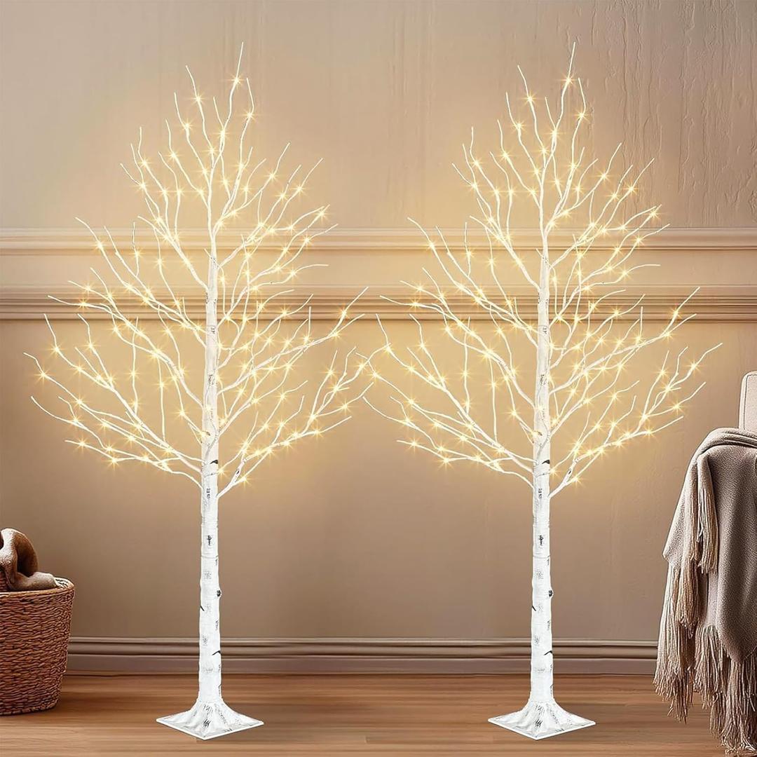 PABIPABI Birch Tree with LED Lights, 2 Pack 6ft Lighted White Christmas Trees Outdoor with Timer & Light Dimmer Prelit Artificial Twig Tree Set for Decorations Indoor Winter Home Garden Bedroom Decor