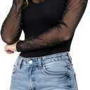 Women's Mock Neck Sparkly Mesh Sheer Long Sleeve Crop Blouse Shirt Blouse Top (Black, S)