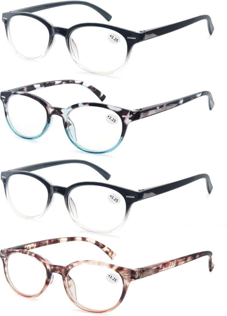 Reading Glasses for Women Cute Round Readers +2.00 for Small Head/Petite Face Lightweight Glasses w/Spring Hinges 4 Pack