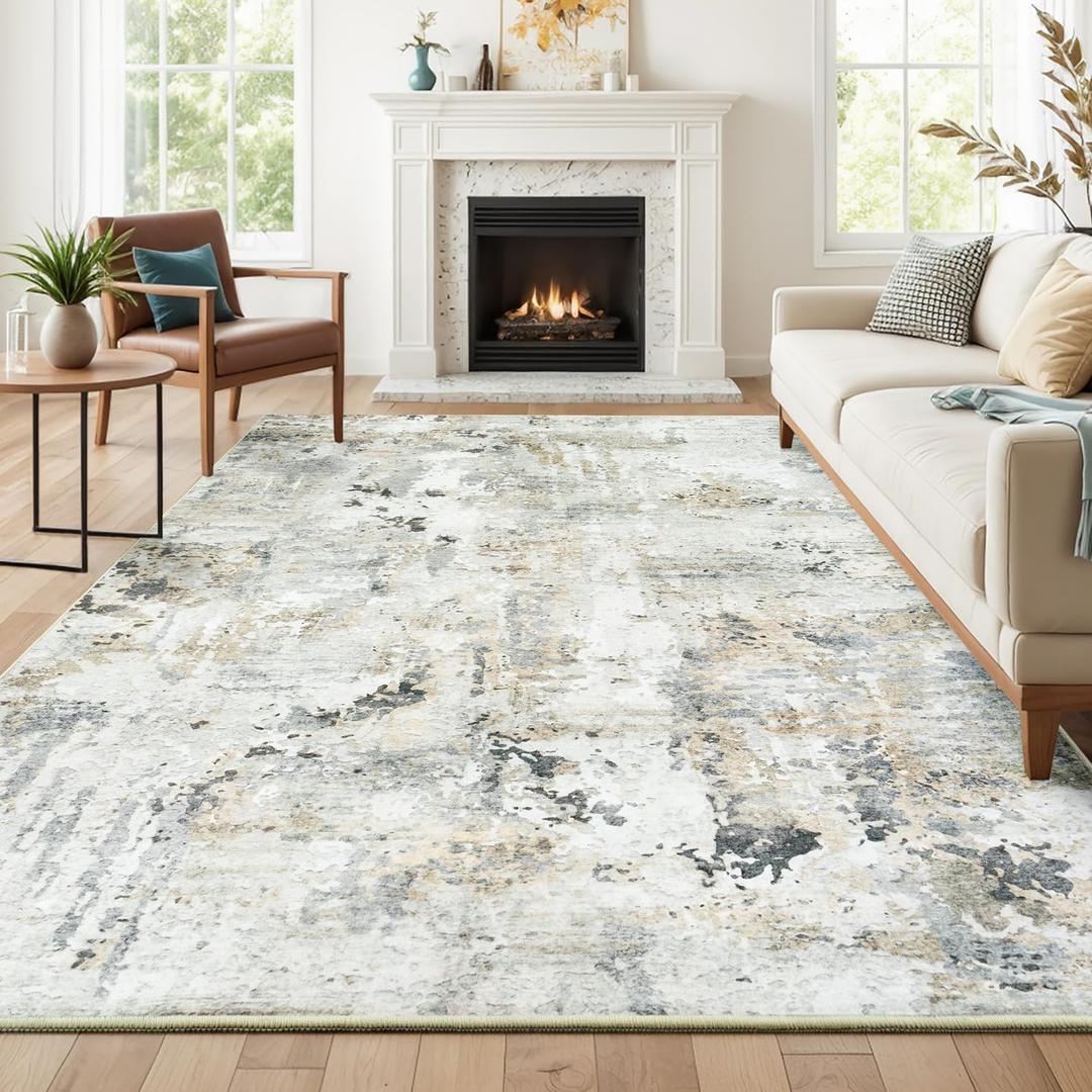Neutral Area Rug 6x9 Washable Rugs for Living Room Aesthetic, Large Abstract Non-Slip Low-Pile Printed Accent Carpet for Bedroom Office, Brown/Grey