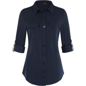 DJT Womens Soft Stretchy Knit Plaid Shirts Roll Up Long Sleeve Collared Button Down Blouses Tops (X-Large, Navy)