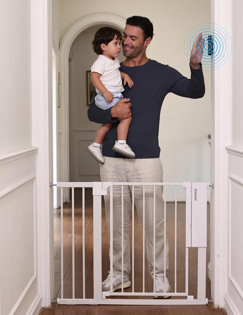 Babelio Smart Baby Gate with Auto-Unlock/Close, Pressure Mounted No Drill for Doorways/Top of Stairs. Pet/Dog Door Wide Walk Thru w/Infrared Sensor & Instant Safety Alert (White, 30.3-47.2" W, 30" H)
