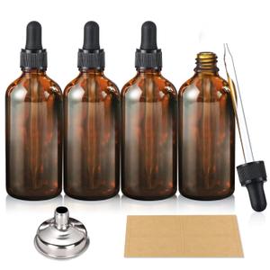 AOZITA 4 Pack, 100ml Dropper Bottles with 1 Funnel & 4 Labels - Essential Oils Bottles for Health, Personal Care & Beauty - 3.4oz Thick Dark Amber Glass Tincture Bottles with Eye Droppers, Leakproof