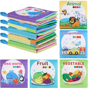 5PCS Baby Bath Books for Toddlers Learning The Names of Animals, Fruits, Vegetables, Transportation, Colorful Patterns, Non-Toxic, Waterproof, Soft Fabric, Preschool Toys for Baby Infant Toddler Kids