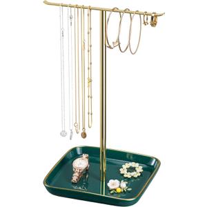 pickpiff Necklace Holder Stand with Ceramic Base: 12" Jewelry Tree Display Organizer for Necklaces, Bracelets, Rings, Earrings, Tall Gold and Green Stand for Women, Aesthetic Room Dcor