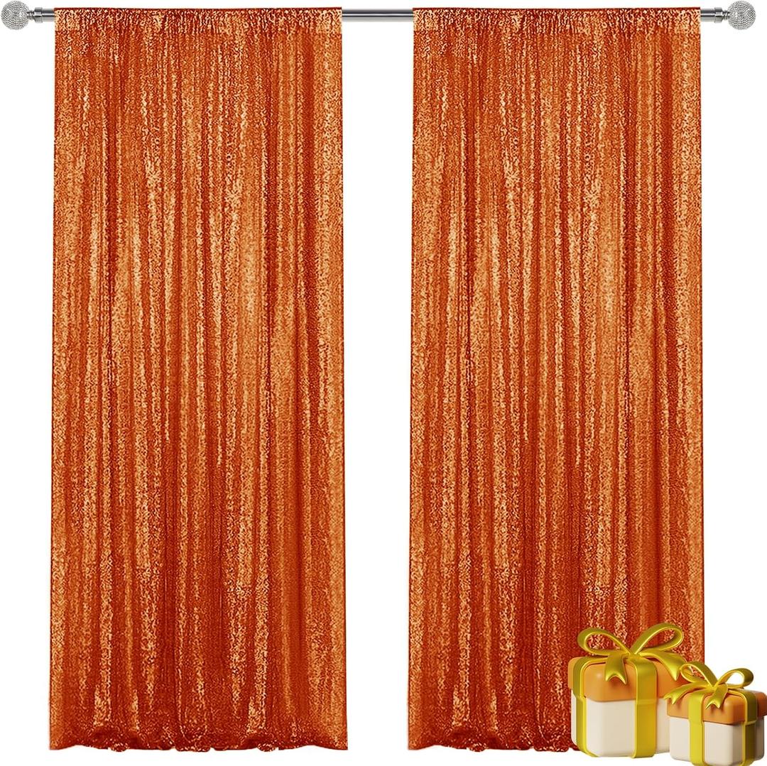 Orange Sequin Backdrop Curtain 2 Pieces 2FTx8FT Glitter Photography Backdrop for Party Wedding Birthday Christmas Decorations