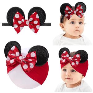 choicbaby Baby Girl Headbands Mouse Ears Headwrap with Sequin Polka Dot Bow Soft Stretchy Nylon Hair Bands for Newborn Infant Baby Toddler Girls- Pack of 2