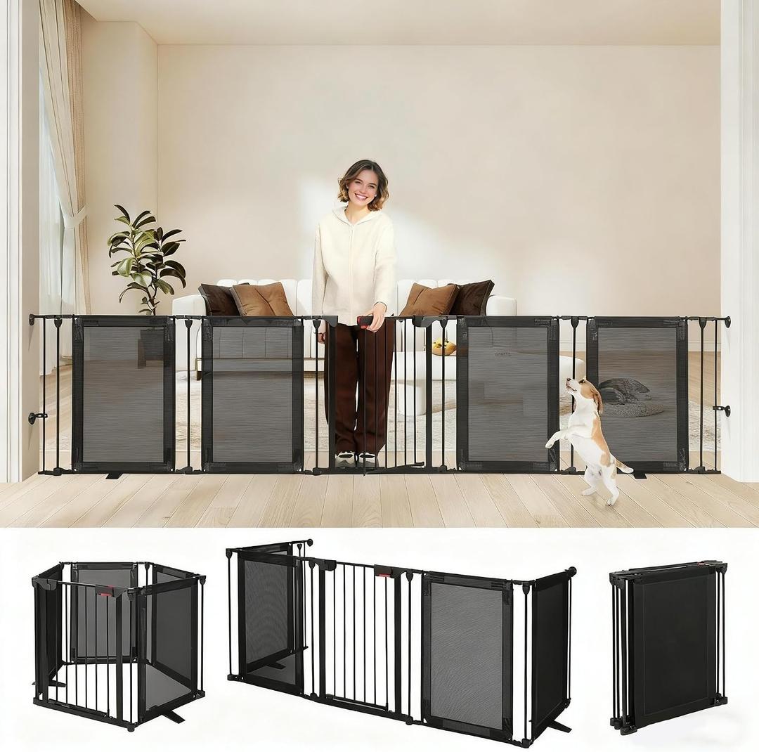 Dog Gate Foldable Pet Playpen Extra Wide 29"-126", Auto Close Pet Gate Dog Fence Pressure Mounted Walk Through Swing Safety Pet Fence Indoor Puppy Date for Stairs, 29" Height-5 Panels, Black